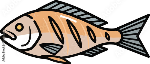 A stylized illustration of a salmon-colored fish with dark stripes and grey fins