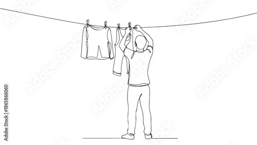 Man hanging laundry on a clothesline, a minimalist line drawing illustrating a daily chore and domestic routine