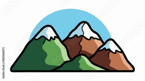 A colorful, stylized illustration of snow-capped mountains under a light blue sky