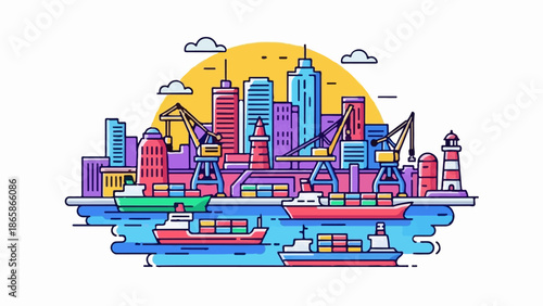 Colorful cartoon port scene with cargo ships, cranes, and city skyline under a yellow sun