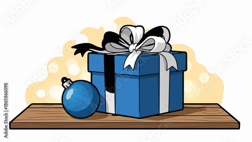 Blue gift box with bow and ornament on wooden shelf, festive background
