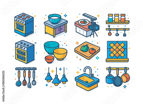 Colorful Studio Kitchen Icons. Studio kitchens. Colorful isometric vector icons set of studio kitchens: stovetop range, prep island, camera-ready plating area,