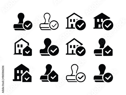 Building Permit Icons. building permits. Icon set. Set Logo of building permits: construction approval stamp. harmonious logo variations of the same emblematic