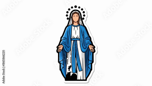 Stylized depiction of a woman with open arms and a rosary
