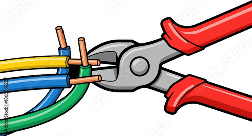 Pliers cutting through insulated electrical wires, exposing copper