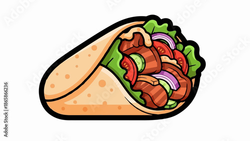 A cartoon-style wrap filled with meat, lettuce, tomatoes, cucumber, and onions