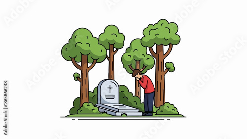 A person mourns at a gravestone surrounded by trees