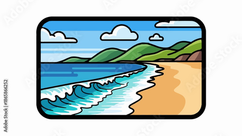 Lush green hills meet a sandy beach with rolling blue waves under a sky with puffy white clouds