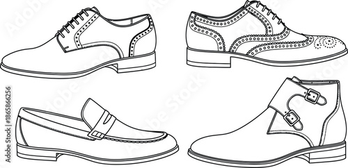 Mens Formal Shoes Outline illustration set of 4 shoe styles oxford brogue loafer and monk strap boot