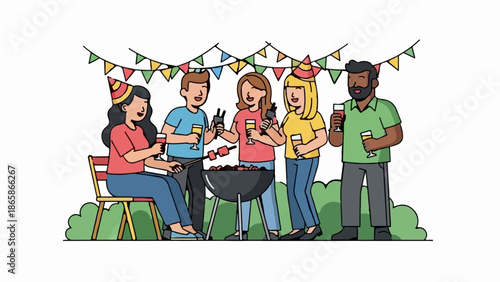Friends at a festive outdoor barbecue, enjoying drinks and food