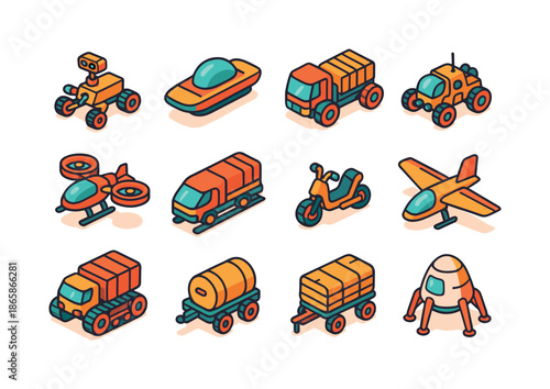 Martian Transport Icons. Martian transportation. Colorful isometric vector icons set of Martian transportation: rover, hover skiff, cargo hauler, exploration