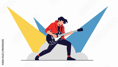 Energetic guitarist performing on stage with bright spotlight effects