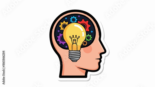 Stylized human head profile with illuminated lightbulb and colorful gears symbolizing thought