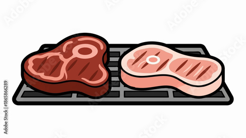 Two raw steaks, one darker than the other, sit side by side on a grill grate