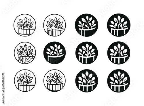 Balcony Plant Arrangement Icons. Arranging Plants on a Balcony. Icon set. Set Logo of Arranging Plants on a Balcony: circular balcony corner with plant