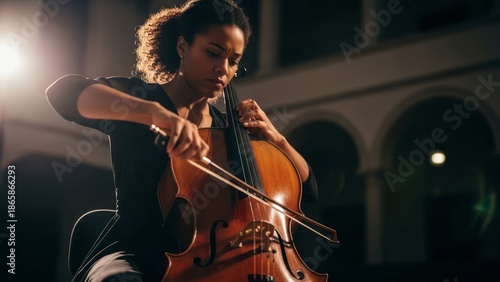Cellist Performing on Stage Music Performance Classical Music Musician. Concept featuring cellist, music performance, classical music, musician, concert.