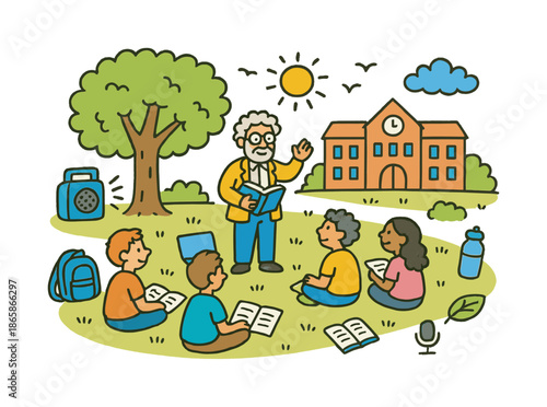 Outdoor Campus Lecture. Campus lecture outdoors. Colorful Hand-drawn doodle Children illustration Campus lecture outdoors professor under tree, students