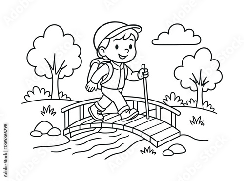 Hiking Adventure Coloring. Crossing a wooden bridge children?s coloring book illustration, outlined drawing, child hiking over a tiny bridge above a creek,