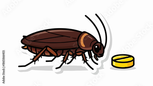 A cartoon cockroach looks at a yellow pill on a white background