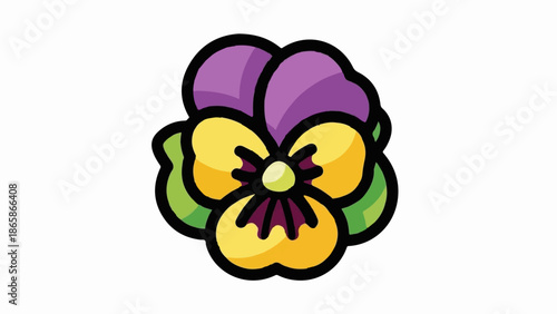 A stylized illustration of a colorful pansy flower with bold black outlines against a white background