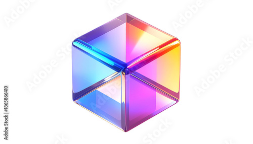 A reflective, iridescent cube with rounded edges, against black