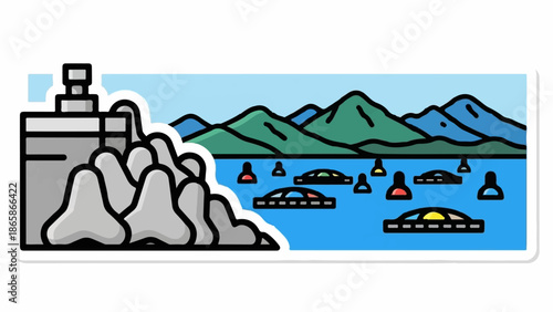 Industrial complex on shore with wave breakers, mountains, and unusual boats on water