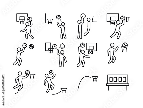 Basketball Scoring Icons. Basketball scoring concepts. Line icon set of Basketball scoring concepts: two-point shot, three-point shot, free throw, dunk score,