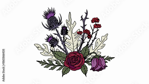A dark, stylized floral arrangement featuring thistles, roses, and berries