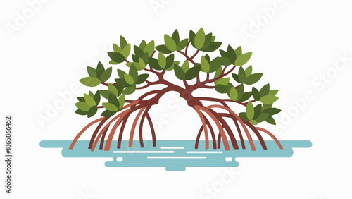 Stylized mangrove tree with aerial roots submerged in tranquil, light blue water, on white background