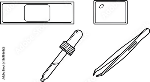 Microscope Slide Preparation Line art vector set of 4 lab items microscope glass slide cover slip dropper and tweezer