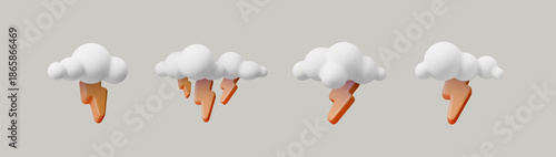 3D lightning bolt icon with fluffy cloud and thunder elements. Vibrant cartoon-style weather illustration featuring electric energy flash on white isolated background