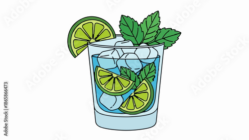 A refreshing drink with ice, mint, and lime slices in a clear glass