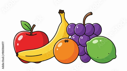 A vibrant illustration of a collection of cartoon fruits, including an apple, banana, orange, grapes, and lime