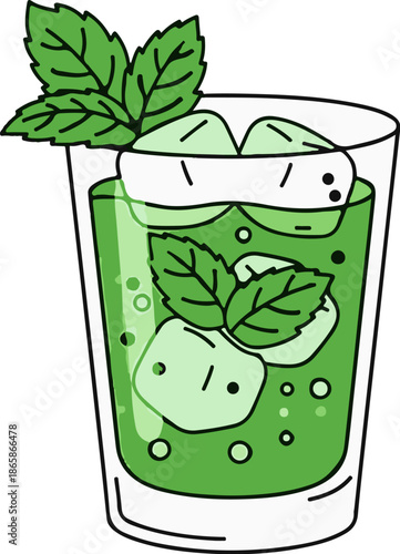 A refreshing green drink with ice and mint leaves in a glass
