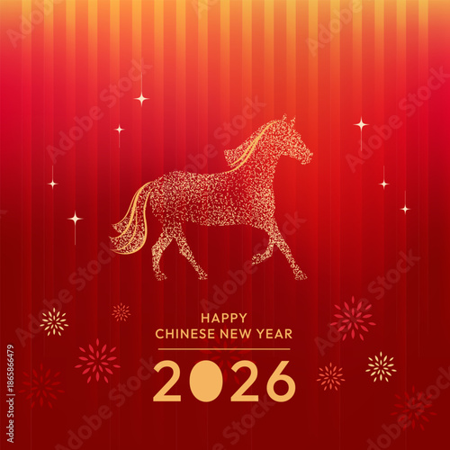 Festive Chinese New Year 2026 background featuring a sparkling golden horse silhouette on a red gradient backdrop with fireworks and glowing stars, celebrating the Year of the Horse.