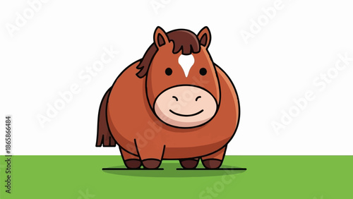 A charming, round, brown cartoon horse with a white blaze on its forehead stands on green grass
