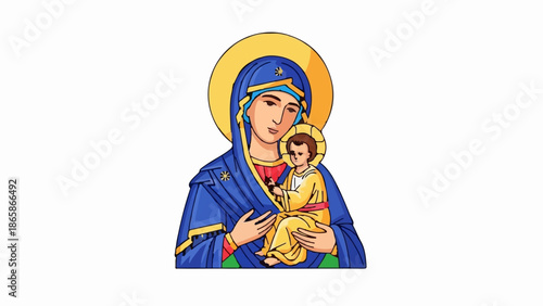 Mother cradles child with halos, draped in blue, yellow, and red robes