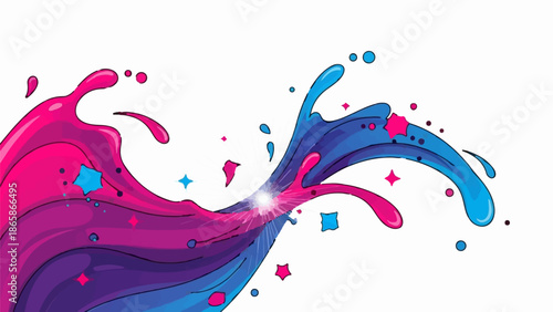 Vibrant pink and blue liquid splashes erupt with starbursts and dots against white