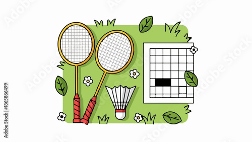 Two badminton racquets and shuttlecock on grass with flowers and a grid