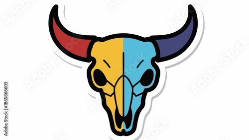 A colorful, stylized bull skull with horns