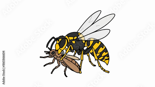 A cartoon wasp carrying a smaller insect against a white background