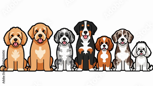 Seven cartoon dogs of various breeds sit in a row