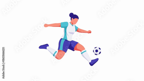 Woman in athletic attire kicking a soccer ball mid-action, isolated on white