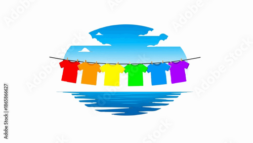 Colorful shirts drying on a clothesline with a bright sky and water reflection