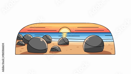 A pixelated sunset over the ocean with rounded rocks on a sandy beach