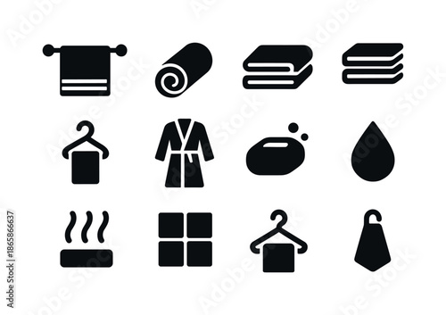 Bathroom Towel Icons. Bathroom towels. Solid icon set of Bathroom towels: towel on bar, rolled towel, folded towel, towel stack, towel hook, bathrobe, soap