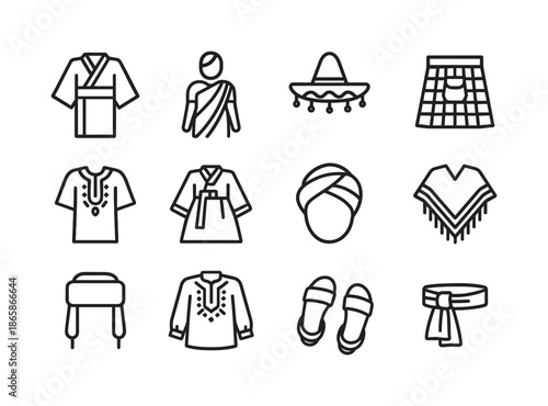 Traditional Clothing Icons. Traditional clothing. Line icon set of Traditional clothing: kimono, sari, sombrero, kilt, dashiki, hanbok, turban, poncho, fur