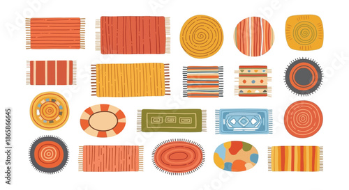 An arrangement of colorful patterned rugs in a grid like display