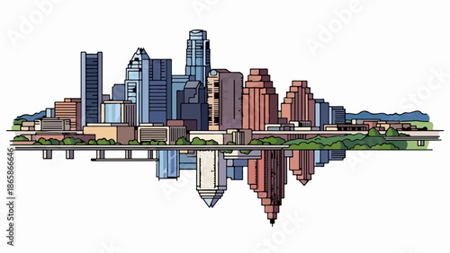 Stylized city skyline with reflected buildings and bridges over green landscape