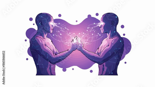 Two pixelated figures connect minds with glowing energy